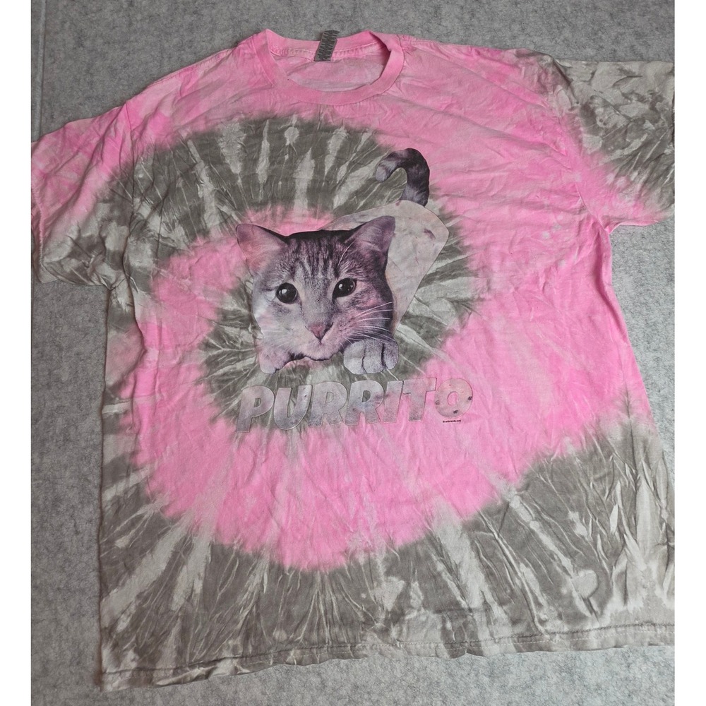 Gildan Purrito Cat Tie Dye T-Shirt Pink Grey Graphic Tee XL